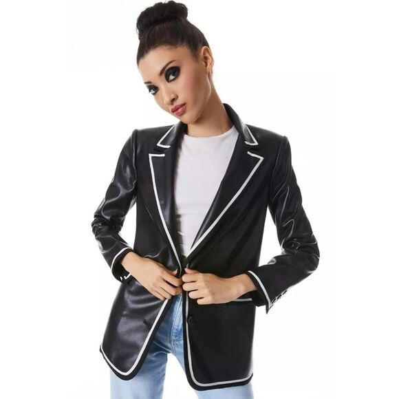 Alice + Olivia Elna Vegan Leather Contrast Trim Jacket Blazer Black White 2 - Picture 1 of 9